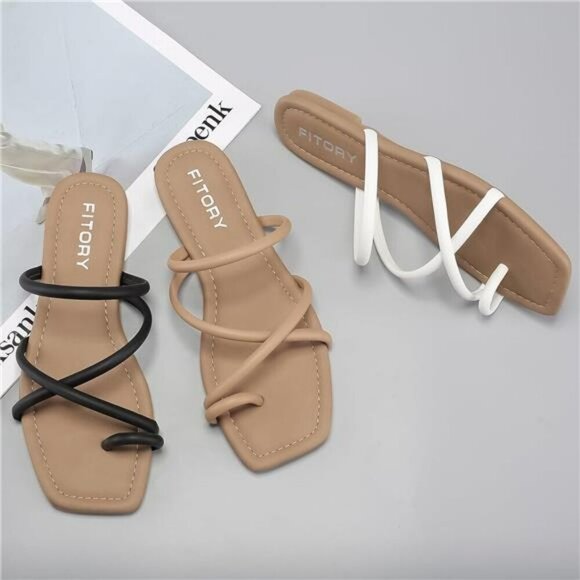 Womens Flat Slide Sandals Toe Ring Thong Strappy Summer Slip On Shoes Size - Picture 5 of 7